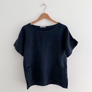 Italian Linen Boxy Top Navy Blue Made in Italy Relaxed Minimal Blouse Size M